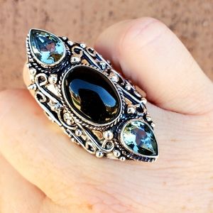New Black Onyx & White Topaz 925 Silver Statement Ring.